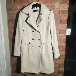 Zara Woman Double-Breasted Military-Style Collared Ecru Colored Coat - Size L